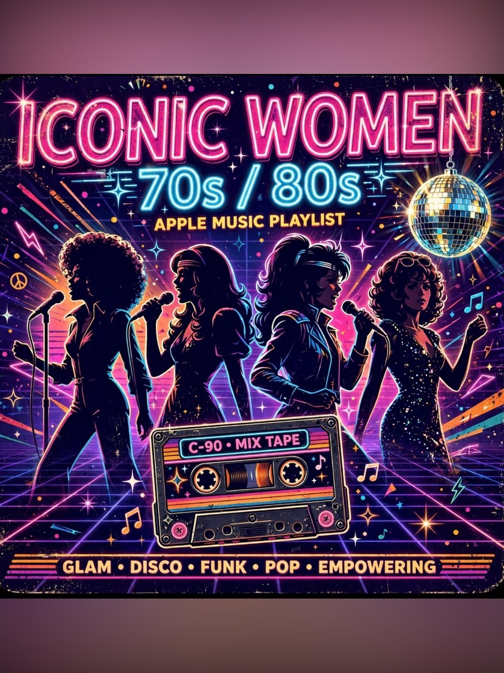 Iconic Women 70s/80s Neon Music Art Print - Pink & Electric Blue